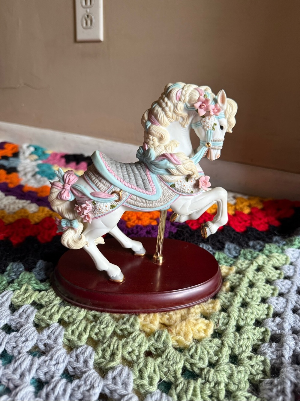 Vintage Lenox White Carousel Horse Figurine with Pastel Pink & Blue Accents